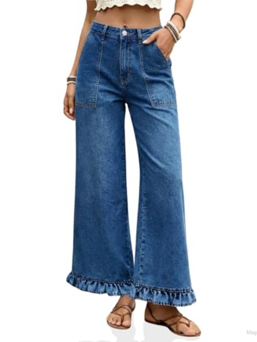 High Waisted Baggy Wide Leg Ruffle Hem Cropped Jeans 70% Cotton Denim